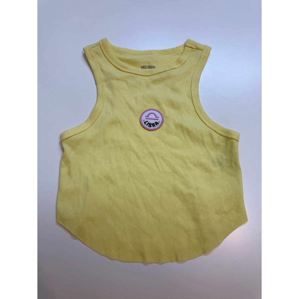 Yellow Ribbed Libra Zodiac Tank Top Sleeveless Curved Hem Medium